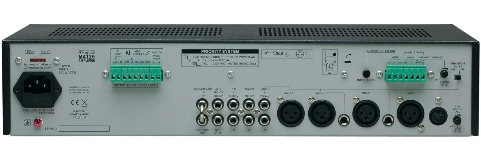 Apart MA125 Mikser Amfi, 125W/100V, 4 Mic+4 St Line ,Chime