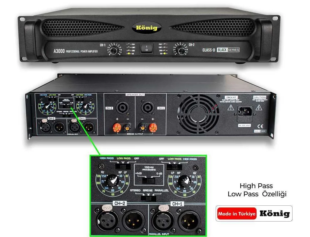 König A-3000 2x1200W/4-ohm Power Amplifikatör with crossover