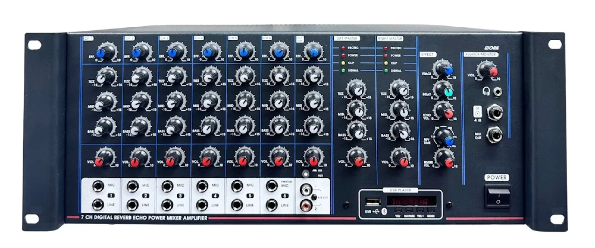 METEOR WORK-600T USB Mikser Amfi, 2x300W/100V 4-ohm, 6 Mic/Line Reverb, Echo