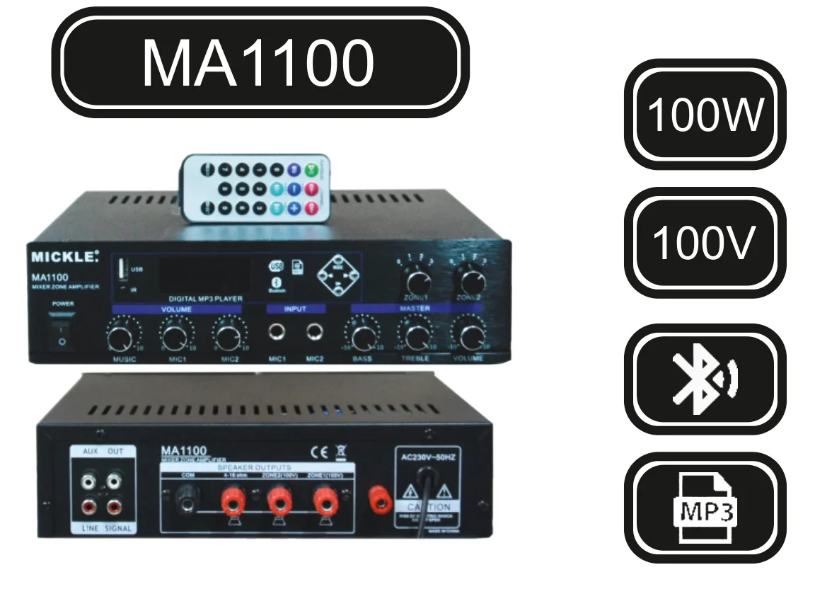 Machtig MA1100 Mikser Amfi | 100W/100V | USB | Bluetooth | Priority