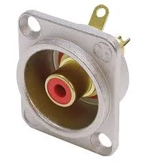 Neutrik NF2D-2 Phono socket in nickel D-shape housing, red isolation washers, solder version.