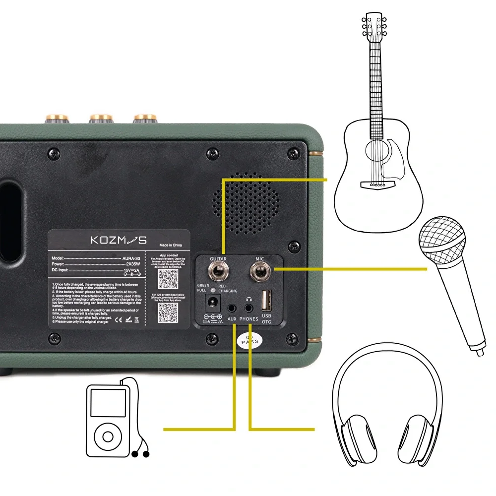Kozmos Aura-30 Uygulama ile Kontrol Edilebilen Akustik Enstrüman Amfisi ve Bluetooth Hoparlör